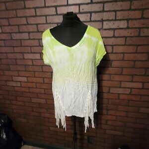 B.L.E.U. green and white tie dye with fringe shirt- cap sleeve size XL.